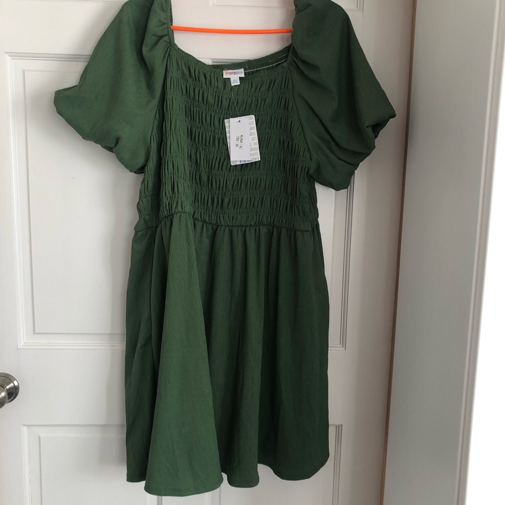 LuLaRoe Olive Green Smocked Puff Sleeve Mini Dress